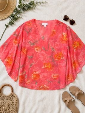 Belle by Kim Gravel Coral Pink Floral Chiffon Kimono Blouse Sz M Flutter Sleeve
